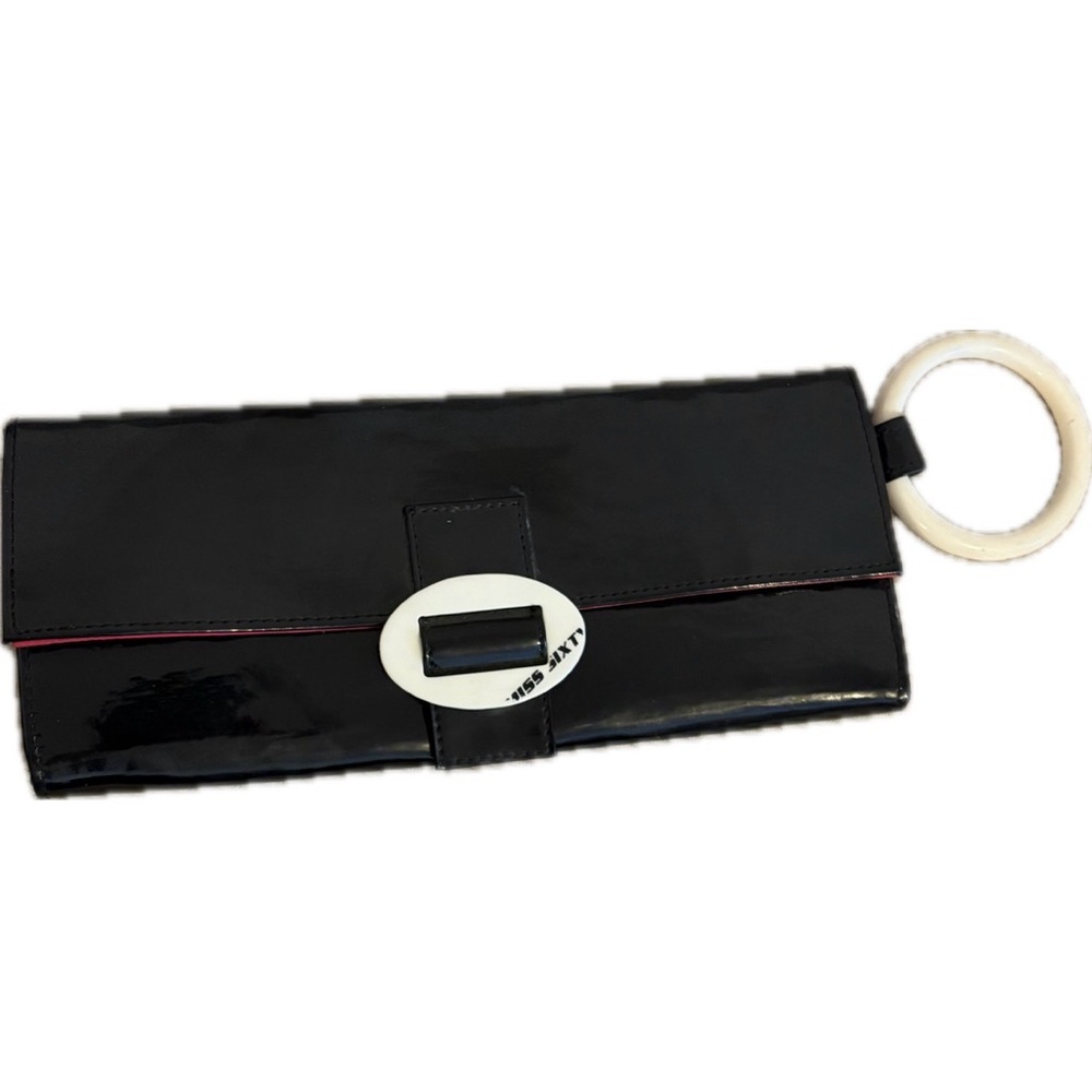 Miss Sixty Y2K Black Patent Clutch – Italian Made – White Ring Handle